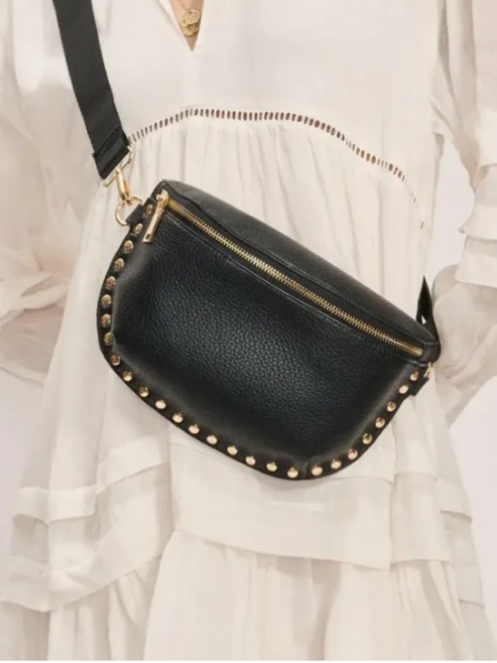 Moda Luxe Gizelle Black Crossbody Belt Bag with Gold Studs